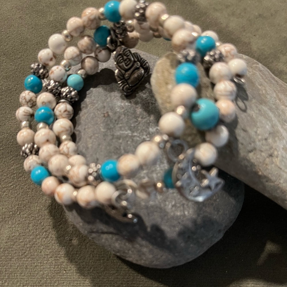 Wire wrapped bracelet with gemstones and charms
